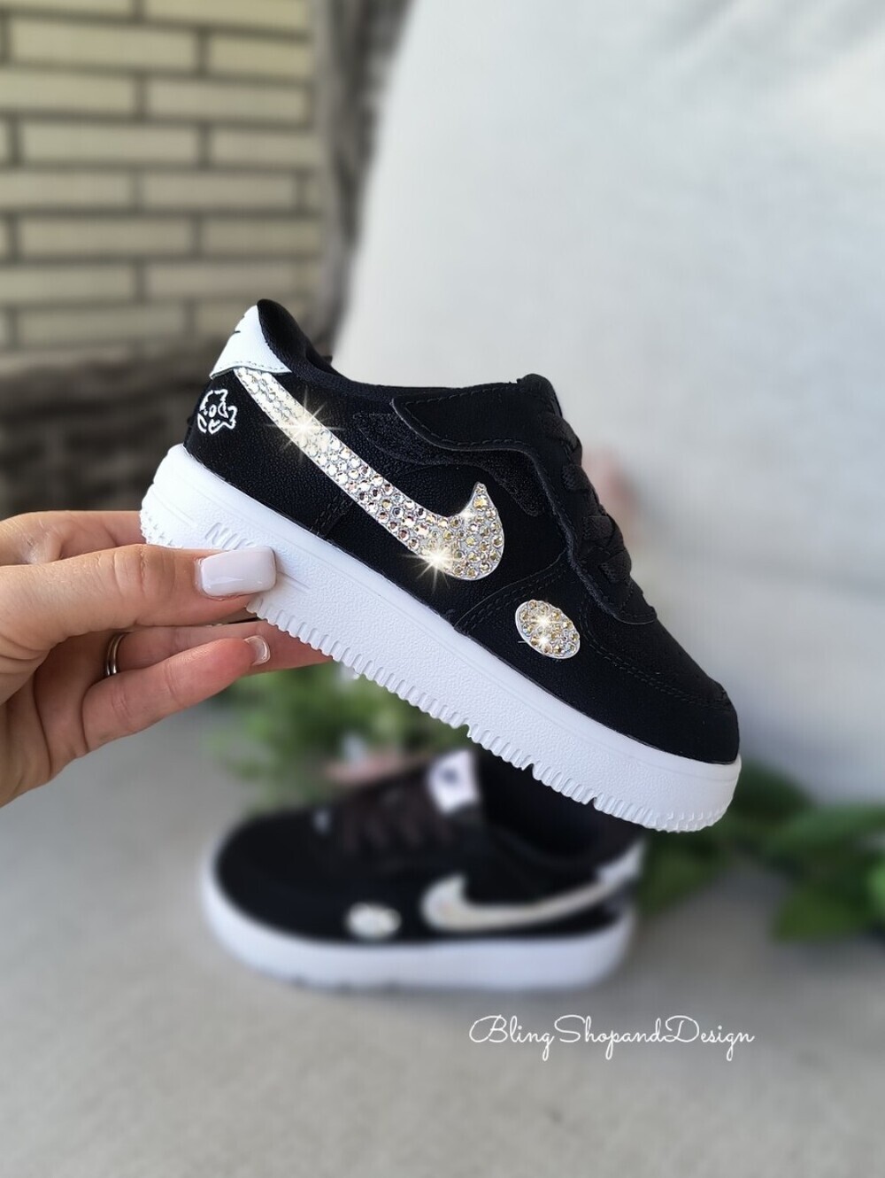 Bling Baby Toddler Nike Force 1 Low Easy On Custom With Crystals Black White